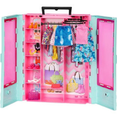 Barbie HKR92 Wardrobe with Clothes and Accessories, Wardrobe with Folding Doors and Carry Handle, Dolls Not Included, Gift for Children, Toy from 3 Years