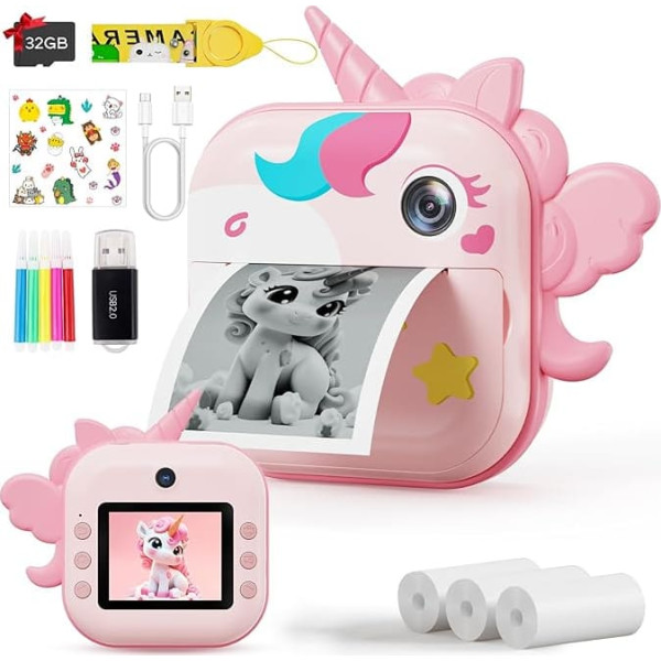 Selvim Children's Camera, 2.4 Inch Screen Instant Camera Children's Camera 1080P HD Video Camera with 32GB TF Card, Dual Lens Digital Camera, Camera Gift for Children Girls 3-14 Years (Unicorn)