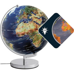 Globe with 30 cm Diameter - STELLAR LIGHT - Integrated Lighting - Chrome Metal Base, Topographic Map - Movable Axis - Blue, Green - TROIKA Original