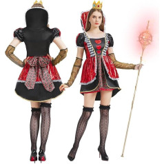 JONRRYIN Queen of the Heart Costume Women's Carnival Queen Costume Women's Heart Lady Costume with Dress, Crown and Socks for Adults Fancy Dress Cosplay Party Costume