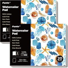 Funto Watercolour Pad, 2 Packs, 12 x 9 inches, 20 Sheets Each (140 lb/300 gsm), 100% Cotton, Cold Press, Glue Bound, Double-Sided, Easy Tear Watercolour Paper for Artists, Beginners, and Professionals