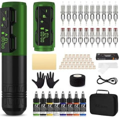 EZ Tattoo Machine Set - Tattoo Set with Wireless Tattoo Machine, 1800 mAh Power Supply Battery, 20 Pieces Tattoo Needles and 8 Colours Inks for Tattoo Beginners and Artists (P2S Green)
