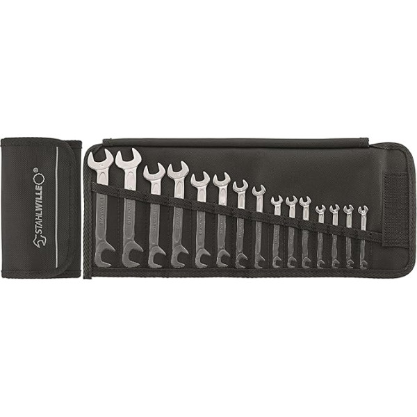 STAHLWILLE 12/15 l Maulschlüssel Set 15-tlg. (3,2-14 mm) l Doppelmaulschlüssel in Mini-Ausführung l schraubenschonend in robuster Rolltasche l Made in Germany