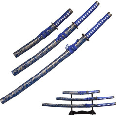 Lqzjg Set of 3 Katana Handmade Cast Sharp 1065 Carbon Steel Genuine Metal Katana Sword Holder Collection Gift