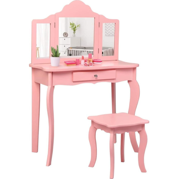Dreamade Children's Dressing Table with Stool and Removable Mirror, Princess Dressing Table with Drawer, Children's Dressing Table for Children Girls (Pink, without Lighting)