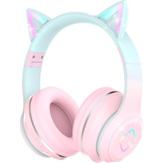 Xunpuls Children's Bluetooth Headphones, Wireless Children's Headphones with LED Light, Cat Ears and Microphone, HD Stereo Sound, Foldable, Adjustable Headband, Girls Headphones for