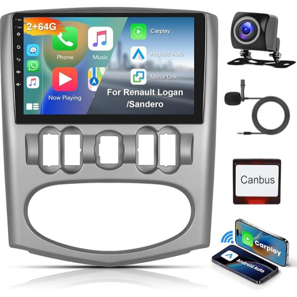 Hodozzy 2G + 64G Android Car Radio for Renault Logan/Sandero 2008-2015 Wireless Carplay Android Car, 9 Inch Touchscreen Screen with GPS Navigation WiFi Bluetooth Mirrorlink HiFi FM RDS Radio with