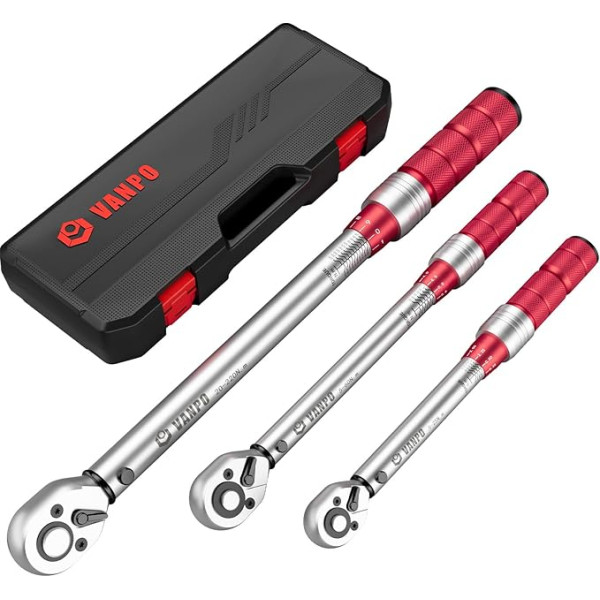 VANPO Torque Wrench 1/4 Inch & 3/8 Inch & 1/2 Inch, 3-Piece Torque Wrench Set 5-25 Nm, 5-60 Nm, 20-220 Nm, ±3% Error Accuracy with 72 Teeth Reversible Ratchet Head for Bicycle, Motorcycle, Car