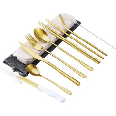 hecef Camping Cutlery, 10-Piece Travel Cutlery with Case, Reusable 18/0 Stainless Steel Cutlery Set, Outdoor Cutlery with Fork, Spoon, Knife etc. (Gold)
