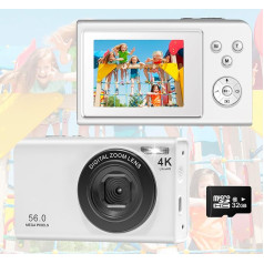 Digital Camera, AutoFocus 4K Camera Digital Camera with Dual Camera with 32GB Memory Card HD 56MP 16X Digital Zoom 2.4 Inch Large Screen Compact Camera Photo Camera for Beginners