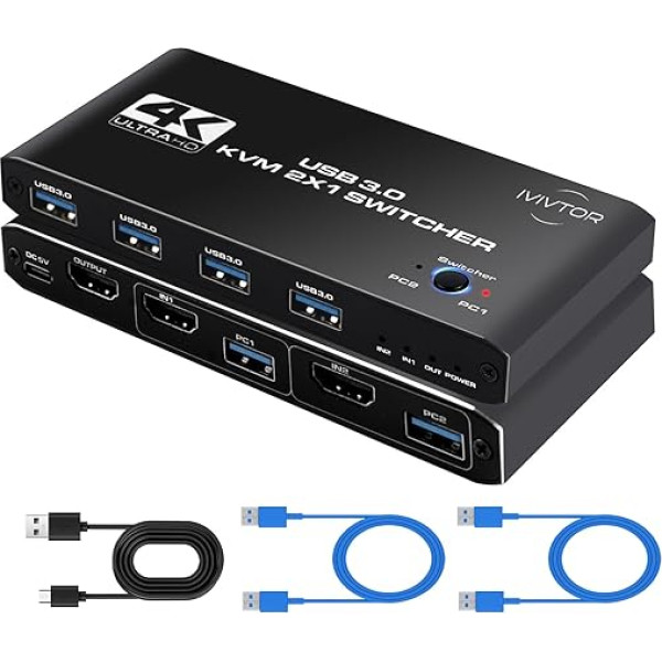 HDMI 3.0 KVM Switch 4K - 4 Ports USB 3.0 HDMI KVM Switch 2 PC 1 Monitor - 2 Computers Share Keyboard, Mouse, Printer, U Disk and One HD Monitor - Includes 2 USB 3.0 Cables