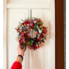 Handmade Christmas Wreath Made from Recycled Seasonal Multicoloured Green Red Fabric GoodWeave Certified 30cm Diameter Suitable for Mobile, Door or Wall Hanging