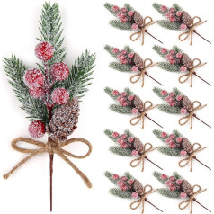 ELECLAND Pack of 10 Christmas Decoration Artificial Pine Branches Spray Stems with Pine Cones Fake Pine Picks Red Berries Holly Leaves for Crafts Flowers Christmas Wreaths Ornaments, Red