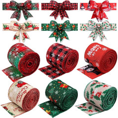 6 Rolls of Christmas Gift Ribbon, Kalolary Christmas Grosgrain Ribbon, Plaid Hessian Wired Ribbon, Christmas Tree, Snowflake, Plaid Snowmen, Red Berries, Wired Edge, Christmas Crafts Accessories