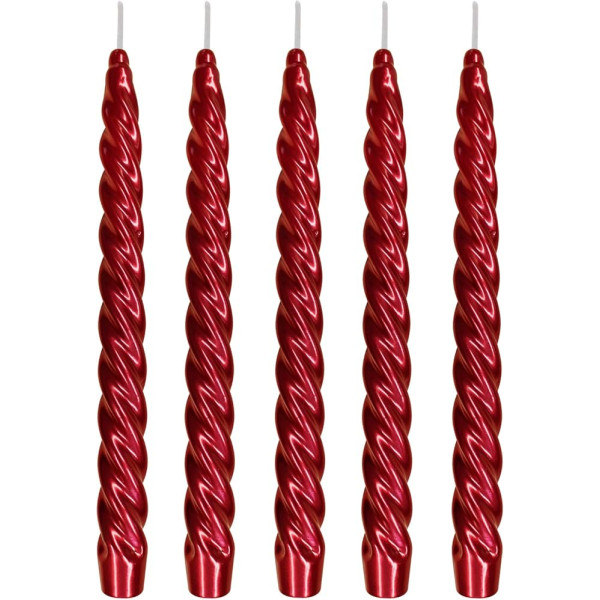 Ebersbacher Kerzenfabrik GmbH Renaissance Taper Candles Twisted Varnished Wine Red Pack of 5 Size Approx. 22 x 250 mm Individually in Foil