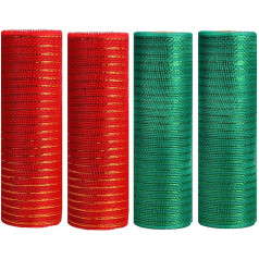 Jomnvo 4 Rolls 10 Inch x 10 Yards Christmas Poly Mesh Ribbon Decorative Poly Mesh Metallic Foil Decorative Mesh Ribbon for Christmas Wreaths Gift Wrapping (Red, Green)