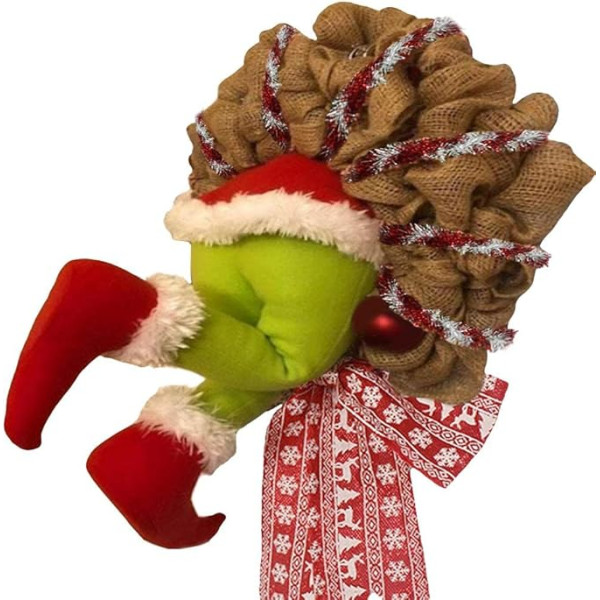Gintdinpu Grinch Christmas Plush Wreath, Christmas Thief Stole Hessian Wreath, Elf Body Hessian Pose-Enabled Plush Legs Decorations Arch Wreath, Funny Santa Winter Wreath