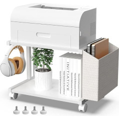 Vedecasa Modern 2 Tier Wooden Printer Stand with Storage Bag for Home Office Desk Printer Table Organizer Mobile Printer Rack Cart with Castor (White)