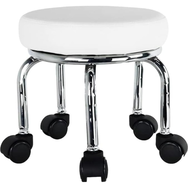 Wkwker Small Rolling Stool PU Leather Rolling Seat 360° Rotatable Low Round Stool with Universal Wheels for Home Massage Garden Office Garage Shop Fitness Sports Height 31.5 cm (White)
