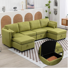 Kecduey Sofa U Shape Soft Corner Sofa with Sleep Function, with Storage, Casual Splicing Can Use Double Bed Sofa, Armrests Foldable Linen Fabric, Extra Wide Reclining Sofa for Living Room (Green)