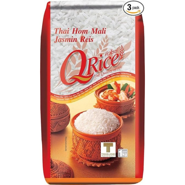Q RICE Jasmine Rice - 100% Scented Long Grain Rice - Thai Hom Mali - 3 x 1kg