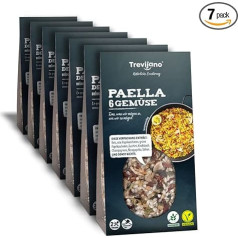 Trevijano Paella 6 Vegetables: 7 Bags of 280g Contains 2 servings of Vegetable Paella consisting exclusively of rice, red pepper, green pepper, courgettes, garlic, saffron, mushrooms and Ñora peppers.