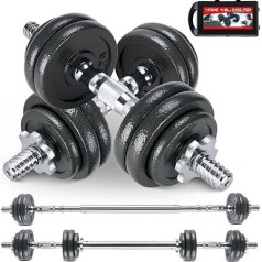 Dumbbells Set, Cast Iron Dumbbells, 2-in-1 Dumbbells & Barbell with Connecting Tube, 15, 20, 30 kg, Knurled Handle, Spinlock Collars, Professional Dumbbells Weights for Strength Training