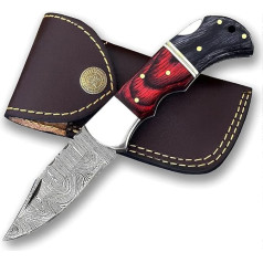 Folding Pocket Knife, 7 Inch Hand-Forged Damascus Knife, Multiple Options, Outdoor Knife, Ideal for Camping, Hunting, Fishing, Indoor and Outdoor Activities, with Leather Sheath (Red Black)