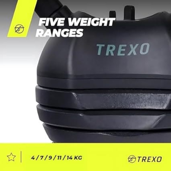 TREXO Adjustable Kettlebell, Adjustable Weight Range 4/7/9/11/14 kg, Cast Iron for Versatile Exercises, Crossfit, Dumbbell, Professional Kettle Bell, Black