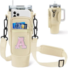 Aganmi Water Bottle Carrying Case with Phone Pocket for Stanley Tumbler 1.2L Glitter Initial Sports Water Bottle Holder Sling Bag with Adjustable Strap for Stanley Cup Accessories, cream, A