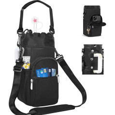 Water Bottle Carrying Case with Phone Pocket for Stanley Cup 1.2L Cup with Handle, Nylon Water Bottle Holder with Drawstring Top, Adjustable Shoulder and Carry Strap, black