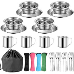 Tissting 24 Piece Camping Cutlery Set for 4 People, Stainless Steel Camping Tableware with Bowl, Plate, Cup, Spoons, Forks, Knives, Outdoor Travel Cutlery for Travel, Hiking, Picnics