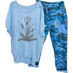 Briskorry Two-Piece Women's Summer Elegant T-Shirt Top and Trousers, Baggy Casual Loungewear Outfits, Crew Neck, Short Sleeve Tracksuit Set, Airy, Lightweight, Sports Set, Printed Elegant Jogger