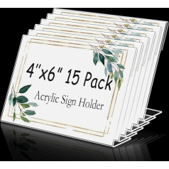 SIYOMG Horizontal Mini Acrylic Sign Holder Clear Name Display Slanted Back 4x6 Inch Clear Photo Price Tag L Shape Display Stand for Office Shop Restaurant 15 Pack