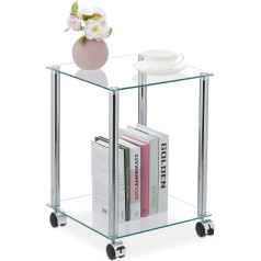 Relaxdays Side Table with Wheels, 2 Shelves, Square, Living Room, Glass & Steel, Mobile Coffee Table, Transparent/Silver