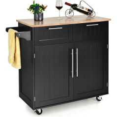 COSTWAY Kitchen Island with Worktop and Towel Rack, Kitchen Trolley with 2 Drawers and Doors, Serving Trolley with Wooden Wheels, 94 x 45.5 x 94.5 cm, Black