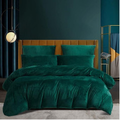 Plush Winter Bed Linen 200 x 220 cm, Dark Green-Green Warm Cuddly Velvet Fleece Bed Linen Set for Double Bed, Cashmere Touch Microfibre Duvet Cover 220 x 200 cm with Pillowcases 80 x 80 cm