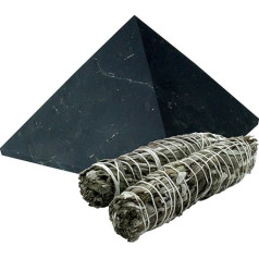 Heka Naturals Uncut Shungite Pyramid, Black Crystal Stone | One 8 cm Black Shungite Crystal Pyramid & Two White Sage Sticks - Desk, Home or Office Decoration