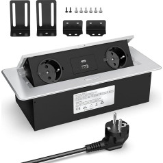 Retractable Socket with USB C 20 W, Table Socket Built-in Socket 2 Compartments and USB A, Aluminium Retractable Power Strip with USB, Tabletop Recessed Socket, 2500 W/10 A, 1.8 m Cable HANNELORE