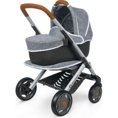 Smoby 253105 Baby Pram + Pushchair Grey 3 in 1 Dolls and Dolls Silent Wheels Multi Direction Storage Basket