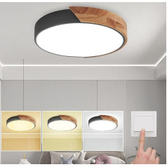 NICEME Ceiling Light, 24 W Dimmable LED Ceiling Light, Wood, Selectable 3000 K / 4500 K / 6500 K via Wall Switch, 12 Inch Modern Ceiling Light for Bedroom, Hallway, Balcony, Black