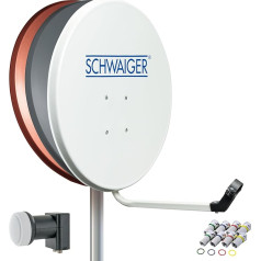 SCHWAIGER 714517 Digital Satellite Dish with 75 x 85 cm Steel Dish (Charcoal), Quad LNB (Light Grey) and 4x 7 mm F Connectors with Colour Rings for Receiving DVB-S/S2 in Full HD, 3D and 4K (Ultra HD)
