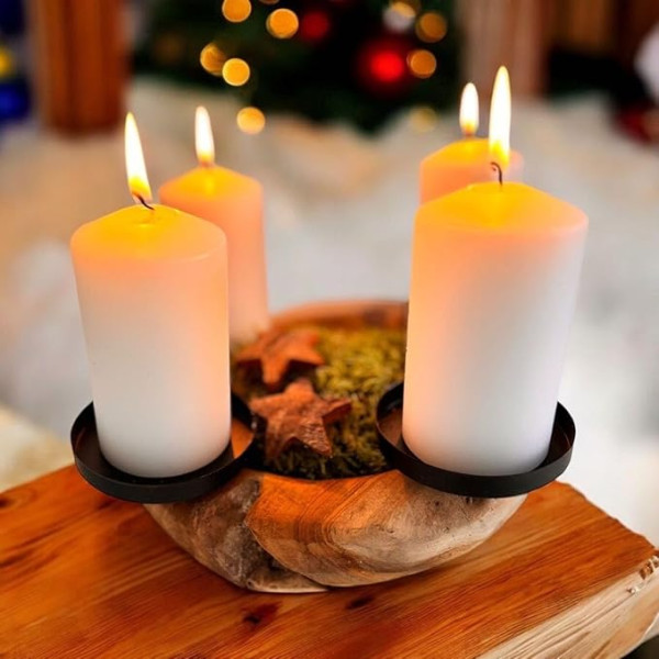 Ambientehome Teak Advent Wreath Root Bowl Wooden Bowl Fruit Bowl Solid Approx. 20-25 cm Decorative Bowl Candle Picks with Raised Edge