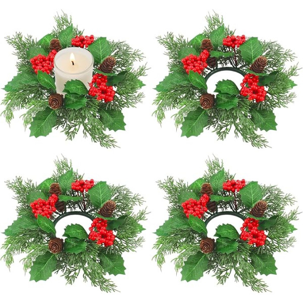 Set of 4 Rings for Christmas Candles, 25 cm, Candle Wreath, Advent Wreath, Candle Holder, Artificial with Candles, Red Berries, Pine Cones for Christmas Table Decoration