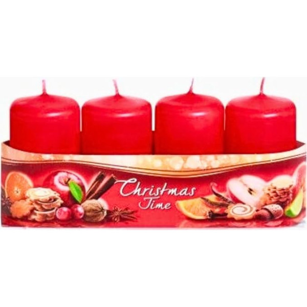 Set of 4 Pillar Candles, Advent Wreath Candles in Advent Red, Apple - Almond with Cinnamon Stick and Lemon, Pack of 4, Burning Time Approx. 10 Hours, Size H/Diameter Approx. 7 x 4 cm