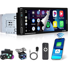 Ohradio Car Radio 1 DIN with 6.9 Inch Screen Car Radio Bluetooth Wireless Carplay Android Car with Mirror Link/FM Radio/USB/Type-C/EQ/SWC Con Reversing Camera MIC Remote Control