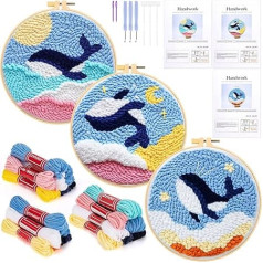 JSRQT 3 Piece Punch Needle Embroidery Set Whale Punch Needle Embroidery Starter Kit for Beginners Adults Kit Punch Needle Debutant Craft Gift Punch Needle Fabric Pattern Set Embroidery Starter Kits