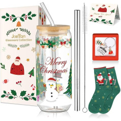 Joeyan 600 ml Christmas Tree Drinking Glasses with Lid and Straw, Can-Shaped Hot Coffee Cup, Bubble Tea Mug, Wide Mouth Mason Jar, Boba Mug, Travel Bottle, Christmas Gifts with Gift Box