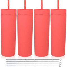 Volhoply 600 ml Drinking Cup with Lid and Straw, Pack of 4, Double-Walled, Reusable Travel Mug, BPA-Free Mat, Pastel Colours, Acrylic Plastic Cups for Fruit Juice, Gift (Red, Pack of 4)