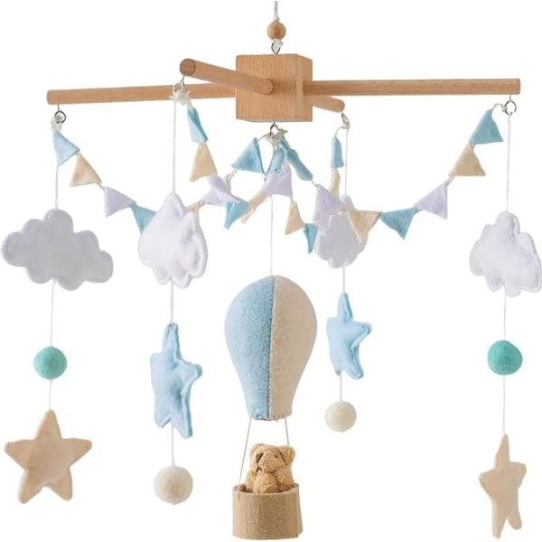 Mobile Baby Wooden Baby Bed Mobile Baby Wind Chime with Felt Balls Cloud and Star Baby Room Mobile Baby Hot Air Balloon Newborn Boys Girls Pendant (Coloured Flags)